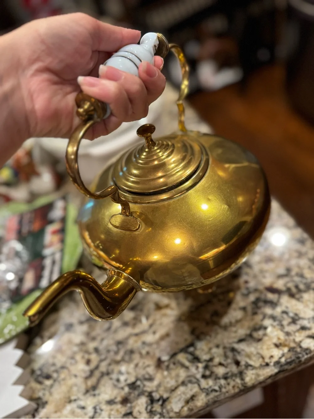 Brass Teapot with White Ceramic Handle - Elegant Kitchen Accent